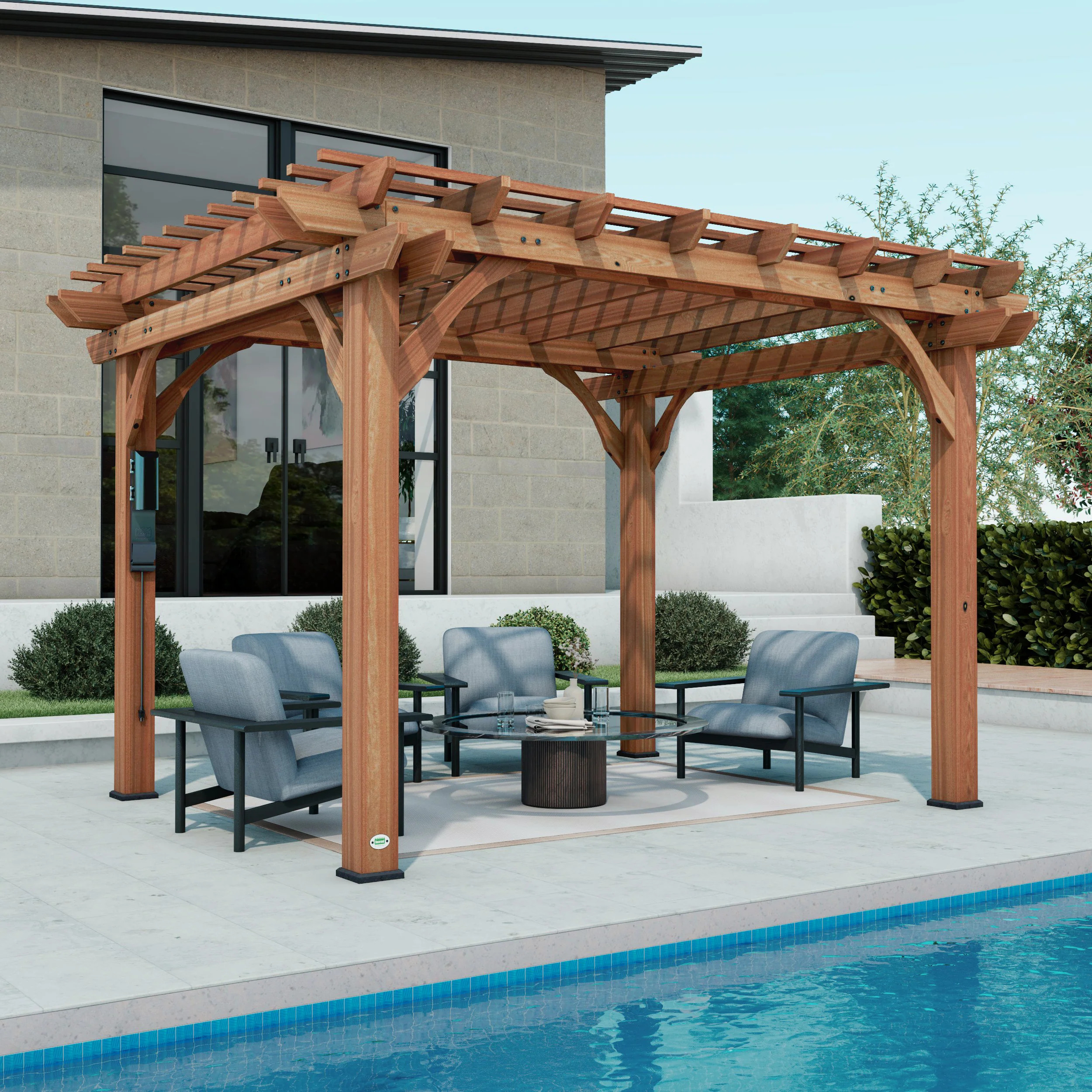 Cedar wood pergola with outdoor seating